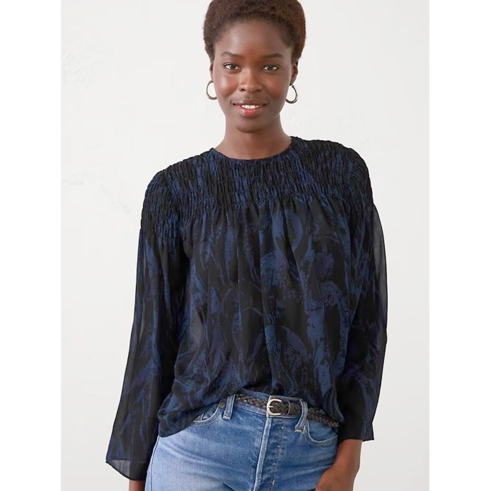 Banana Republic Factory Smocked Sheer Chiffon Boho Romantic Blouse XXS